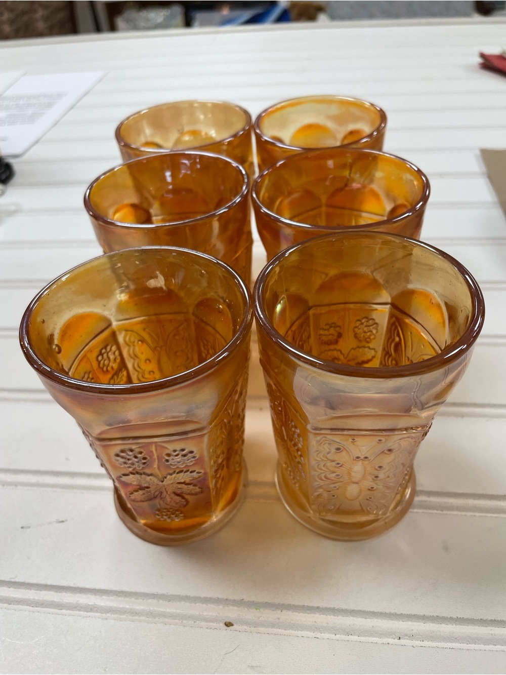 Set of 6 Antique Fenton Carnival Glass Marigold Butterfly & Berry 4" Tumblers